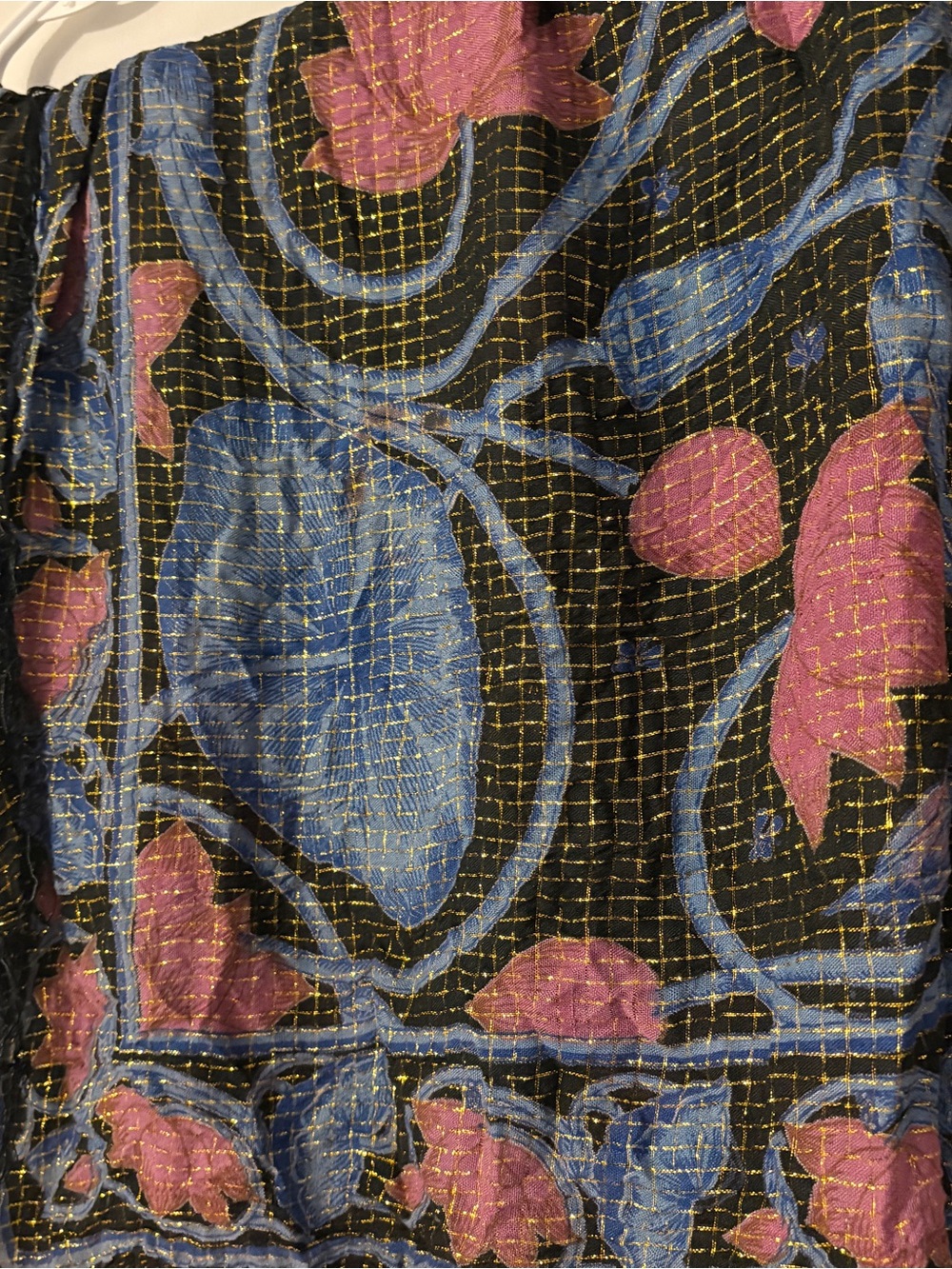 Floral Lilypad and Lotus Scarf/Pashmina/Shawl with Gold Thread and Fringe - Picture 2 of 5